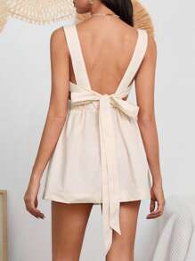 Women Sleeveless Tank Dress Ruched Big Bow Backless Square Neck Low Cut Summer Short Dresses - Beige - View 4