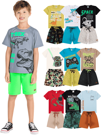 Kit 6 Peças de Roupa Conjunto Infantil Menino - 3 Camisetas + 3 Shorts