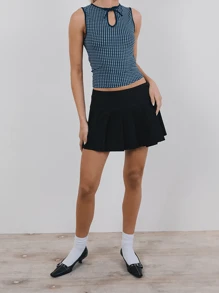 Women Tank Top Keyhole Crew Neck Sleeveless Summer Casual Slim Fit Cute Plaid Basic Shirt Blouse - 藍色 - 查看 5