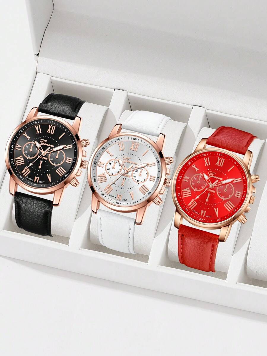 JasonRolls 3 Pièce/Set, Montre pour Femme, Élégant Ensemble de Montre à Quartz - Chiffres Romains à la Mode, Bracelet en PU, Boîtier en Alliage de Zinc - Cadeau Parfait pour Elle