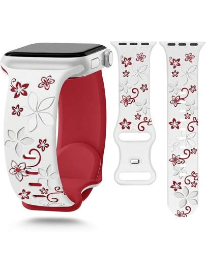 花卉雕花表带，兼容 表带 41 毫米 40 毫米 44 毫米 45 毫米 42 毫米 38 毫米 49 毫米 46 毫米，可爱花朵，柔软硅胶运动表带，兼容 Series 11 10 Se 9 8 7 6 5 4 3 Ultra，女士时尚花卉元素表带