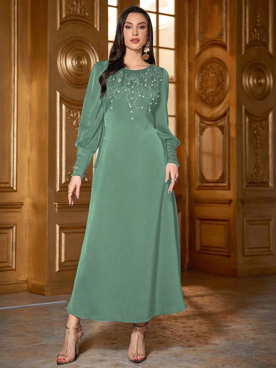 Vestido maxi árabe de mujer de unicolor con cuello redondo, manga larga, elegante, con diseño de cristales, perlas y cinturón, suave y cómodo, adecuado para festivales, uso diario y casual - verde menta - Ver 1