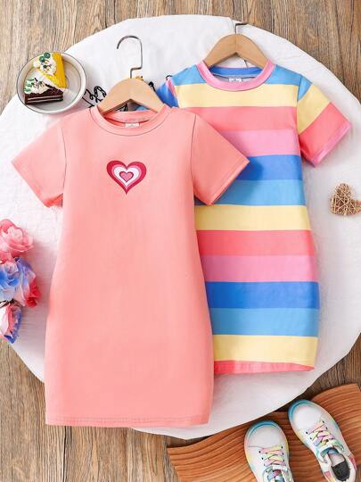 2pcs Young Girl Casual Cute Daily Outfit, Round Neck Short Sleeve Dress, Fashionable & For Little Girls, Suitable For Outdoor, Commuting, Holiday, Party, Summer