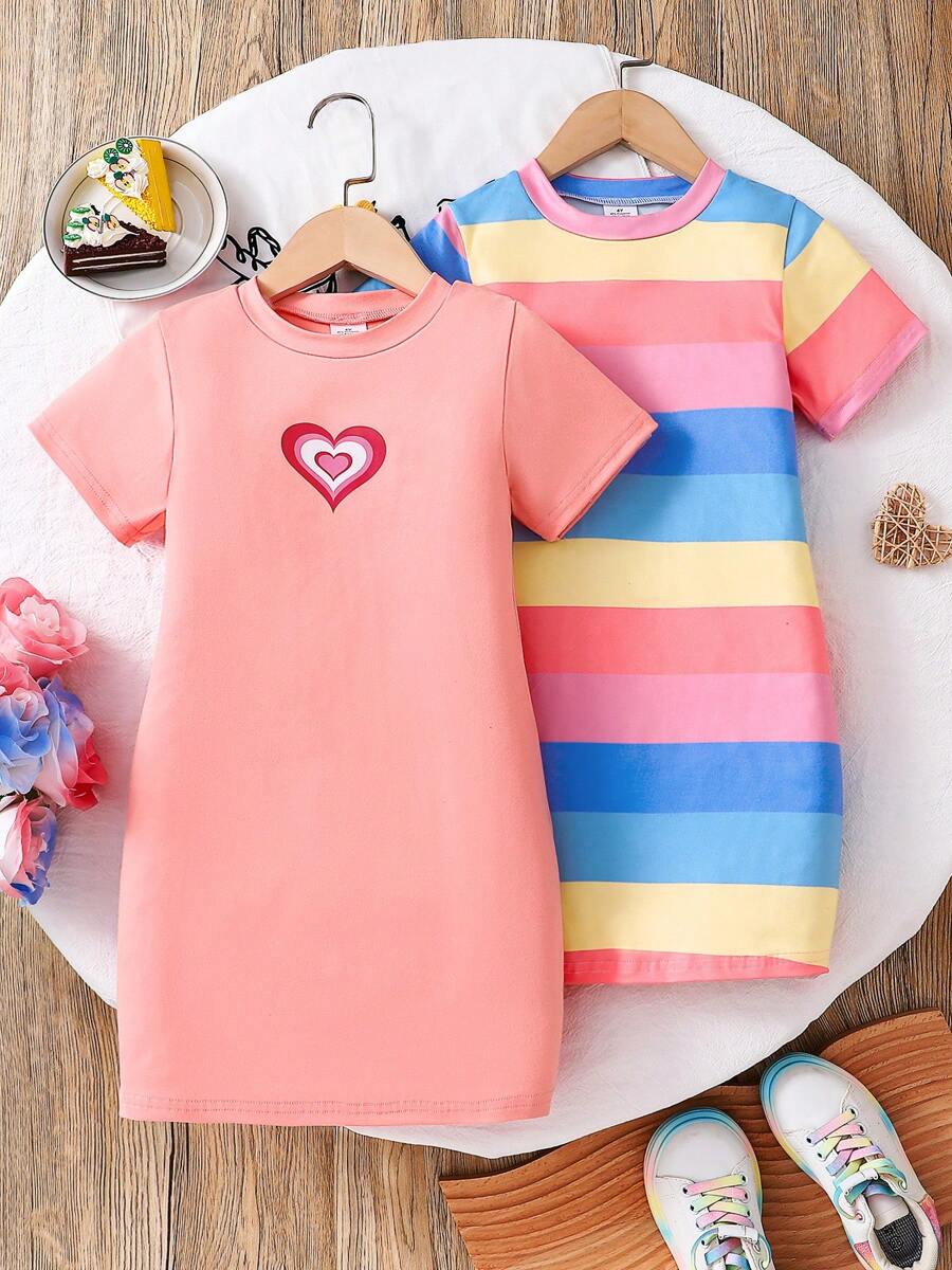 2 件年轻女孩休闲可爱日常服装,圆领短袖连衣裙,时尚,适合小女孩,适合户外、通勤、度假、派对、夏季 - 彩色 - 查看 1