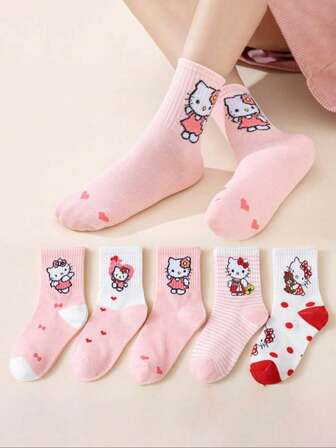 Sanrio 1/5 Pares de calcetines de la serie Sanrio para niños, aptos para todas las estaciones, con diseños de gato de dibujos animados en rosa y blanco, elementos florales, elementos de lunares y elegante estilo Mori de medias altas divertidas para niñas