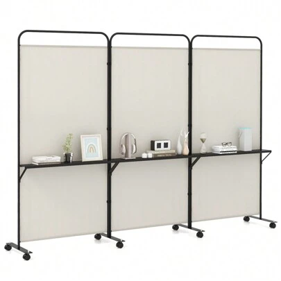 3-Panel Folding Room Divider 6FT/188cm Rolling Privacy Screen With Storage Shelves