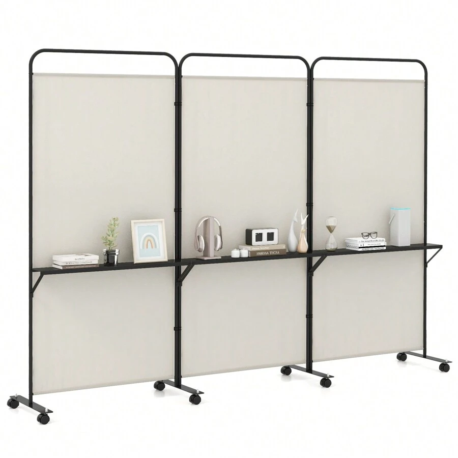 3-Panel Folding Room Divider 6FT/188cm Rolling Privacy Screen With Storage Shelves - 白色 - 查看 1