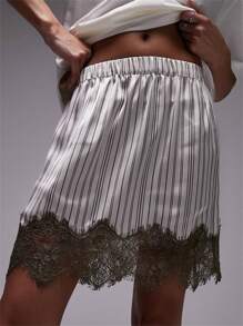 Women's Fashion Mini Skirts Stripe Lace Patchwork Elastic Waist Short Skirts Summer Casual Skirts - Ngà voi - Xem 3