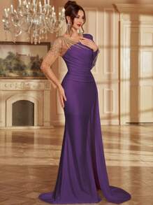 Applique Mesh Patchwork V-Neck Long Sleeve Elegant Long Gown With Trailing, Women Evening Dress,Party Dress,Formal,Wedding Guest - Violet Purple - View 4