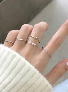 5 件/套女士时尚珍珠首饰波浪戒指，情人节优雅戒指，适合情侣、好友、日常佩戴