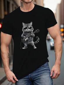 Playera de hombre con estampado de gato cool con guitarra, playeras para hombre, playera casual de manga corta para verano Camiseta de Verano  Camiseta de algodón grueso 100 % de 220 g - Negro - Ver 1