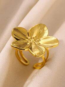 Elegant Big Bloom Flower Stainless Steel Ring, Conch Starfish Adjustable Open Rings For Women, 18K Gold-Plated Wedding Jewelry Aesthetic Beach Vacation Daily Wear Accessories Gifts - Stainless Steel - View 2