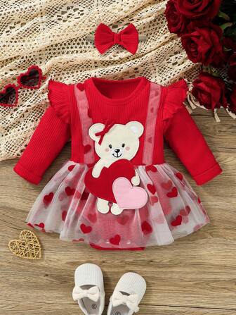 Hibobi 2 piezas Conjunto de 2 piezas para bebé niña con diseño de osito y corazón, body y vestido de tul con diadema de lazo, ideal para el verano