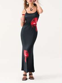 Women Cami Dress Flower Print Sleeveless Backless Dress Long Bodycon Dress Party Dress - 紅色 - 查看 7