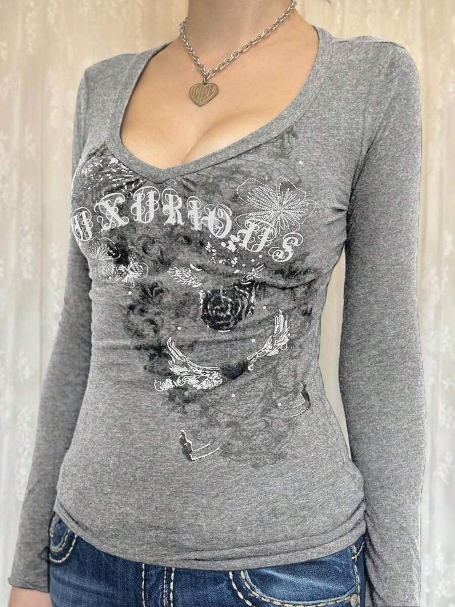 Womens Fairy Grunge T-Shirt Y2k Vintage V-Neck Long Sleeve Pullover Tops Slim Fitted Tops Aesthetic Clothes T-Shirt Graphic Tees Shirt E-Girl Streetwear Summer Spring Fall Basic Clothes Tops - 淺灰色 - 查看 1