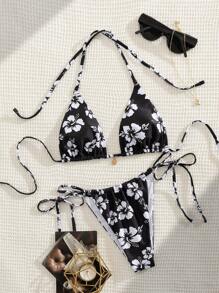 PEPPERMOLLY New Soft Fabric Printed Halter Tie-Up Elegant Party Bikini Set, Summer Beach Fashion Women Swimwear, Black - Black - View 1