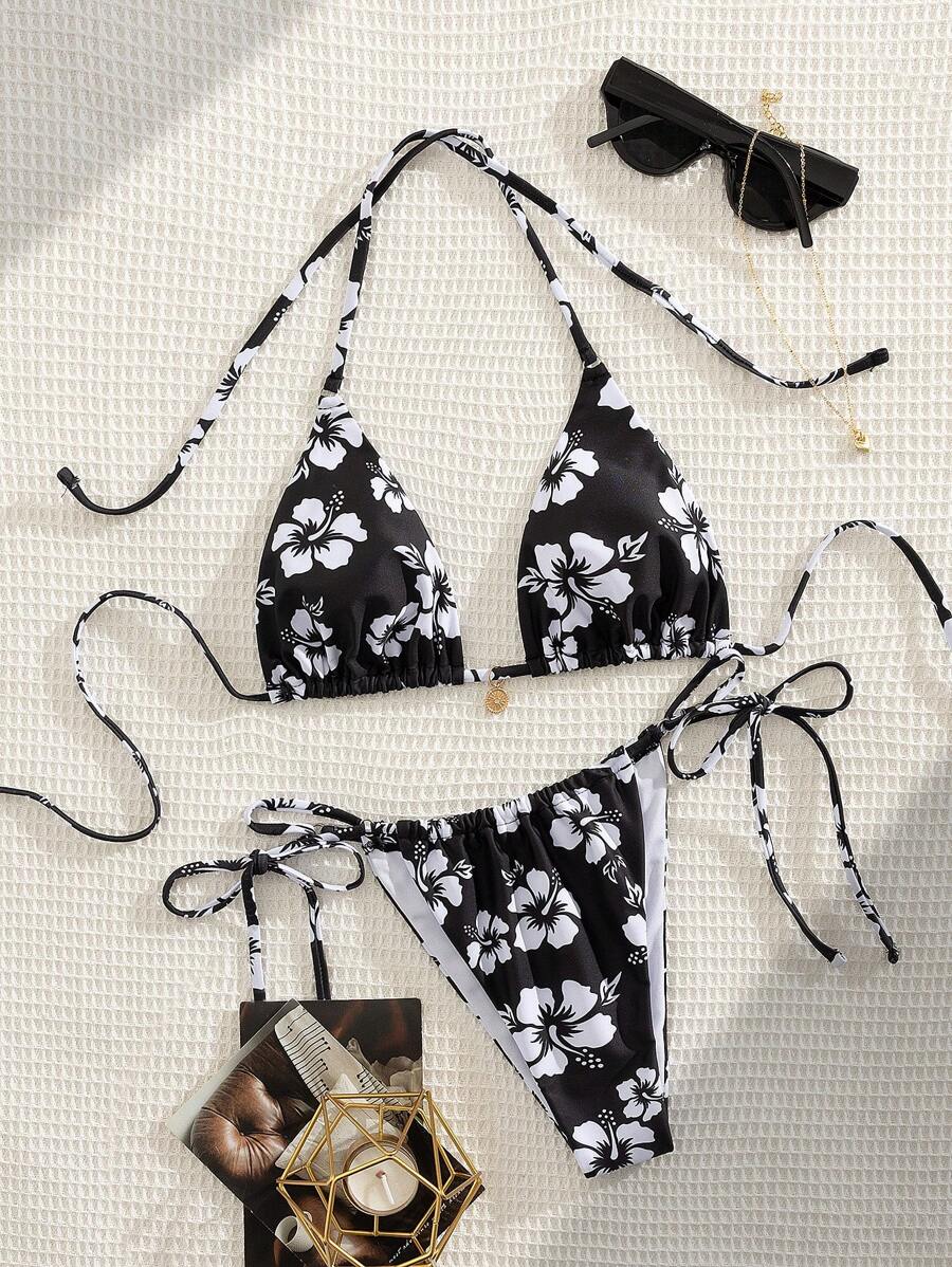 PEPPERMOLLY New Soft Fabric Printed Halter Tie-Up Elegant Party Bikini Set, Summer Beach Fashion Women Swimwear, Black - Black - View 1