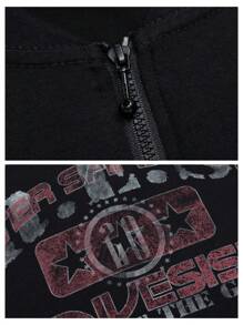 OVDY 1 件男士手工拉丝丝网印花拉链半开领户外高街短袖