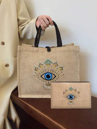 Printed With Evil Eyes Printed Tote Bag And Cosmetic Bags Set, Includes A Tote Bag And A Coin Purse,Lightweight Large Capacity Tote Bag, Reusable Burlap Shopping Bag, Portable Travel Beach Bag With Makeup Bag, Large Capacity Linen Shopping Bag