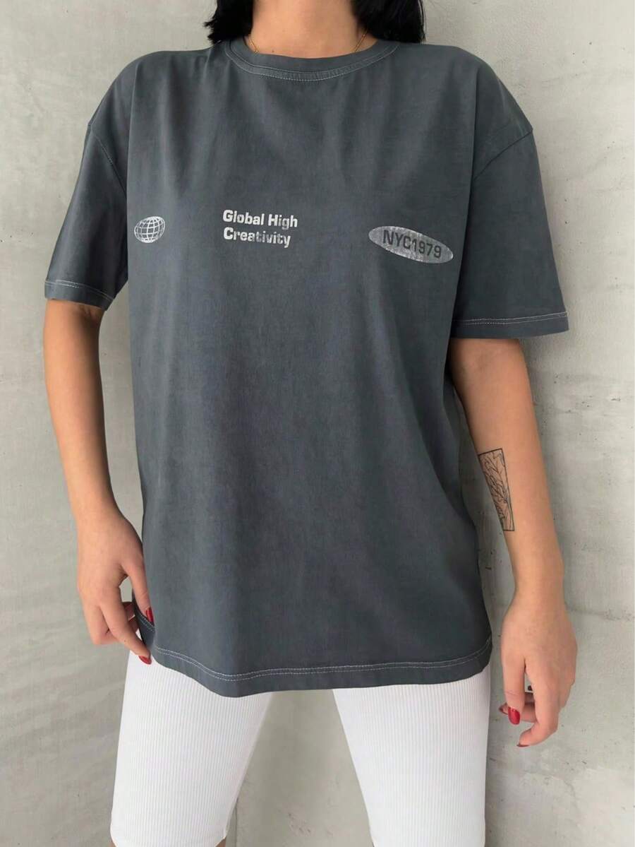 Women's Letter Print Round Neck Short Sleeve Casual Loose T-Shirt - Grey - View 1