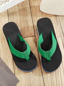 Women's Thong Slide Sandals With Fabric Straps, Multiple Colors, Wedge Heel Flip Flops, Thick Sole Flat Heel Thong Slippers, Beach & Vacation Style, Pink, Green