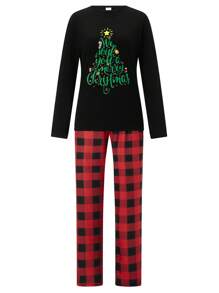Conjunto de pijama a juego familiar de Navidad, camiseta de manga larga con estampado de árbol y pantalón a cuadros, ropa de dormir y de estar por casa