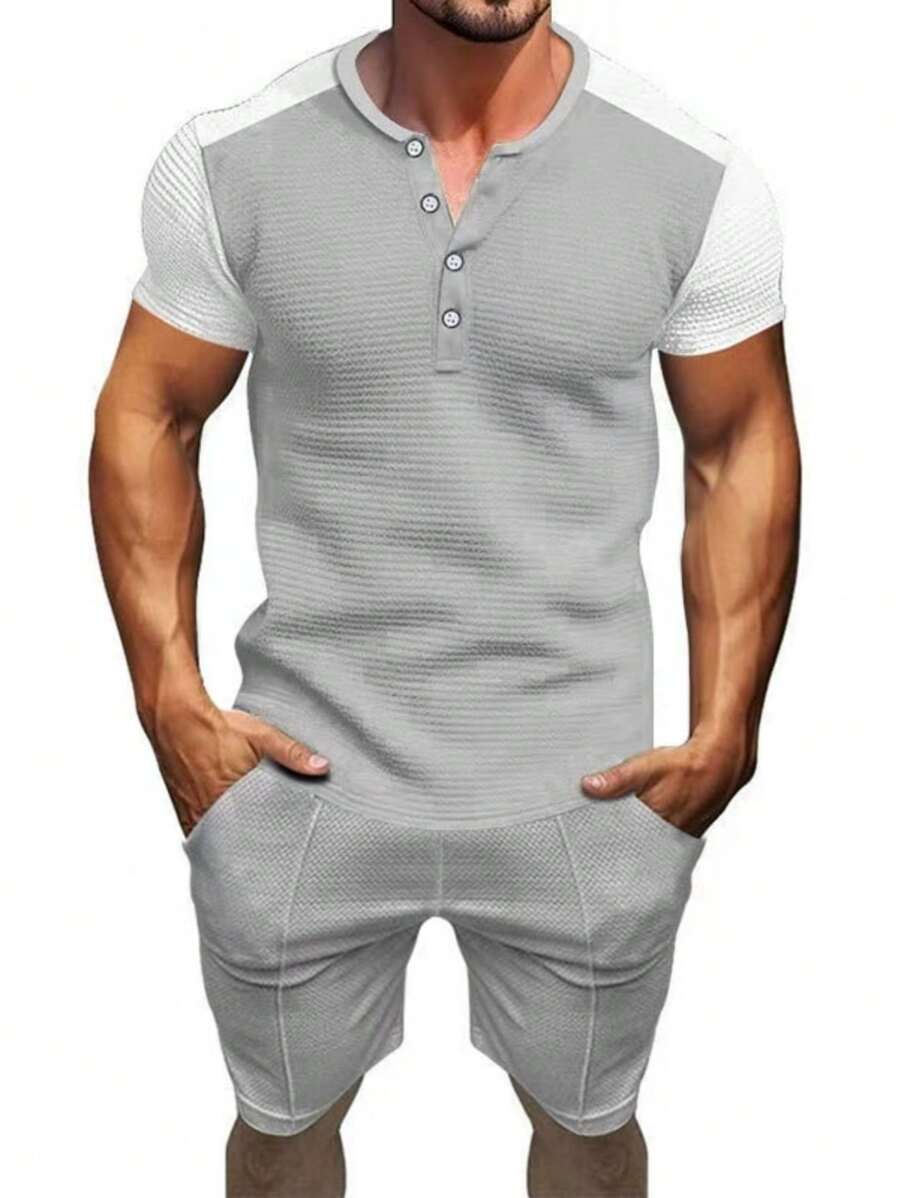Men's Solid Color Simple Henley Collar Short Sleeve Polo Shirt And Drawstring Elastic Waist Shorts Casual Suit - Grey - View 1
