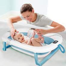 Bañera plegable para bebé con termómetro digital, almohada de baño, compacta, portátil, rosa, gris, azul y verde