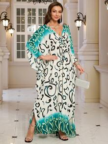 Bohemian Batwing Sleeves Kaftan Plus Size House Dress Modest Arabian Dress Outfits - Green - View 7
