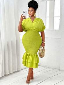 BIUBIU Plus Size V Neck Batwing Sleeve Surplice Neck Shirred Unitard Dress Shirred Double Layer Ruffle Hem Festival Vacation - Green - View 3