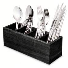 1pc Tableware Box, Paulownia Wood Storage Box, Kitchen Utensil Storage Rack, 4 Compartments Wooden Silverware Box, Large Table Utensil Storage Box Cutlery Holder, Suitable For Napkins, Spoons, Forks, Knives, Kitchen Supplies