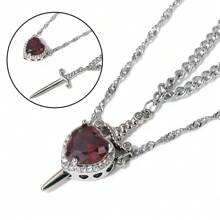 Set de 2 collares con colgante de corazón y espada de circonita, chapado en plata y oro, para mujer y hombre, pareja