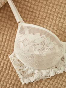 Sexy Lingerie, Women's Fashion Floral Lace Lingerie Set, Cup Bra And Thong Underwear - White - View 4