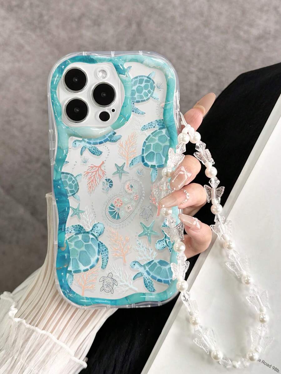 TPU海龟时尚手机壳，奶油波浪边饰，亮面油彩珊瑚海龟图案，防震手机壳，配手工串珠手链，兼容 XR/7/8、 16/16 Pro/16 Plus/16 Pro Max、 15、 15 Pro Max、 13、 14、 11软壳、P12防摔软壳、XS奶油波浪边饰亮面油彩新款TPU防震软壳，兼容Galaxy S24、Galaxy S24+、Galaxy S24 Ultra、Galaxy S22、Galaxy A13 4G、Galaxy A52、A52s 5G、Galaxy A23等。 Galaxy A35、Galaxy A25、Galaxy A73、Redmi Note 11、11 Lite 国际版（非国内版）生日春