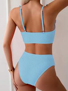 Summer Beach Striped Ruffle Trim High Wais Bikini Set - Blue - View 2