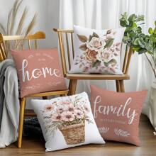Bộ 4 vỏ gối trang trí nhà tối giản họa tiết hoa hồng, chất liệu nhung đào in một mặt, kích thước 45*45/50*50/40*40CM, dùng cho ghế sofa vải hiện đại, trang trí trong nhà, trang trí tiệc tùng, làm quà tặng - Hồng - Xem 4