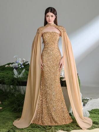 Teen Girls' Mock Neck Mermaid Evening Gown With Floor-Length Chiffon Cape Sleeves – Luxurious Formal Dress For Black-Tie Galas, Pageants, Graduation Galas, And Ceremonial Attire