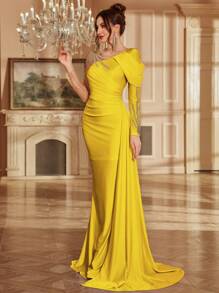 Applique Mesh Splice Long Sleeve Elegant Asymmetrical Neck Maxi Evening Dress With Train, For Women, Party Dress, Wedding Guest Dress, Formal Dress,Gown - Yellow - View 6