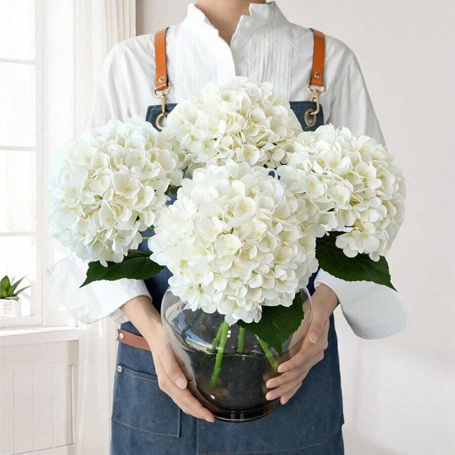 Blue Flowers Hydrangea Artificial Flowers, 4Pcs 22" Large Lifelike Silk Artificial Hydrangeas, Full Fake Flowers For Bouquet Table Centerpieces Outdoor Wedding Indoor Home - White - View 1