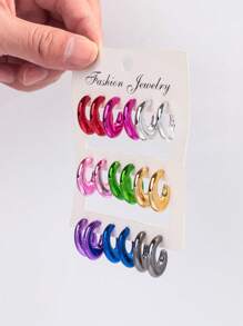 1 Set Of 9 Pairs Fashion Metal-Color Acrylic Asymmetrical C-Shape Hoop Earrings Set, Suitable For Daily Wearing For Women