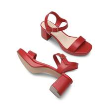Sandalias de vestir con taco en bloque, plataforma, punta abierta y tira de tobillo para mujer, ideales para boda y fiesta - Rojo - Ver 4