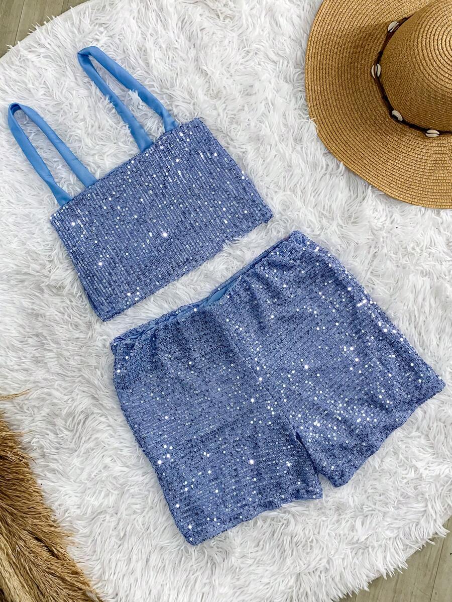 Women's Sequin Shorts Set With Pockets, Cropped Top And Straps For Bloggers - Celeste - Ver 1