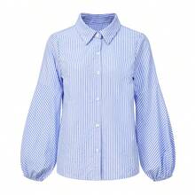 女士条纹灯笼袖休闲衬衫，舒适日常穿着，适合户外散步、毕业季、独立日 - 藍色 - 查看 6