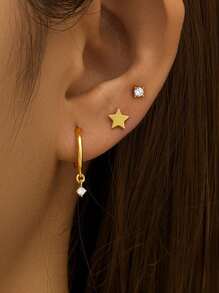 Bộ hoa tai Zirconia bóng hình học đơn giản, có thể xếp chồng, bạc Sterling 925, phong cách thiết kế cổ điển và thanh lịch, thích hợp để đeo hàng ngày, lựa chọn tốt nhất làm quà tặng sinh nhật cho phụ nữ - Bông tai nhỏ nhắn hình ngôi sao năm sao - Xem 3