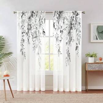 2 pezzi Tende semitrasparenti grigie a foglie di design premium - Design con passante per asta, per privacy e facile installazione - Perfette per la decorazione del soggiorno e della camera da letto, lavabili in lavatrice