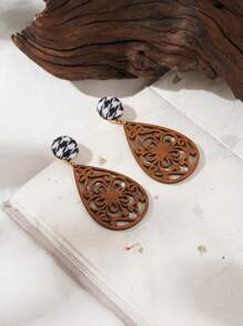1 Pair Vintage Boho Style Wooden Carved Water Drop Pendant Earrings, Suitable For Daily Wear And Gatherings