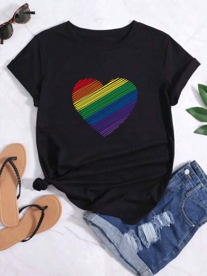 Camiseta casual de mujer de corte holgado con estampado gráfico de coloridas líneas de amor, adecuada para llevar a diario en casa para hacer deporte