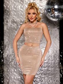 2 Pieces Rhinestone Decor Sexy Sheer Mesh Bustier Dress, Fashionable Party Evening Gown - Apricot - View 4