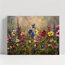 Vibrant Wildflower Garden Canvas Wall Art,   With Wooden Frame  Colorful Floral Landscape, Textured Background, Ready To Hang  Ideal For Home And Living Room Decor, Outdoor Garden Decor