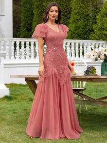 MIUSOL 亮片蕾丝撞色网眼 V 领荷叶边袖褶皱下摆晚会长裙，女士优雅派对礼服，正式晚礼服，舞会礼服，适合婚礼嘉宾、毕业典礼、晚宴